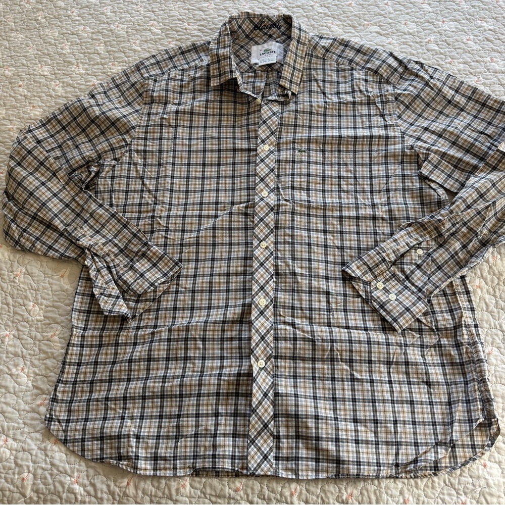 Lacoste Men’s Cotton Plaid Button Front Shirt Like New Size 44,(XL)Great Details